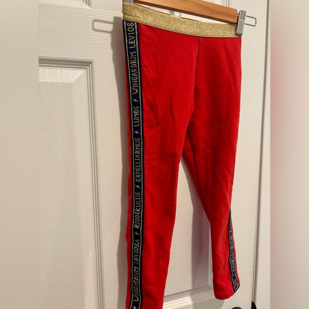 Mini Boden Red Leggings with Gold Waistband and Navy Trim